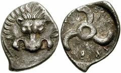 DYNASTS of LYCIA. Trbbenimi. Circa 390-385 BC. AR Tetrobol (18mm, 2.97 gm). Lion's scalp facing / Triskeles left in incuse circle. BMC Lycia pg. 34, 147; SNG Copenhagen 30; SNG von Aulock 4215. Toned 