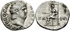 NERO. 54-68 AD. AR Denarius (18mm, 3.57 gm). Rome mint. Struck 67-68 AD. Laureate head right / Salus seated left on throne, holding patera. RIC I 72; WCN 68; RSC 320. Toned, good VF. This reverse type