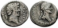 MARK ANTONY and CLEOPATRA. 33-32 BC. AR Denarius (18mm, 3.48 gm). Ephesus mint. Bare head of Antony right; Armenian tiara behind / Diademed and draped bust of Cleopatra right; prow before. Crawford 54