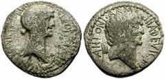 MARK ANTONY and CLEOPATRA. 33-32 BC. AR Denarius (18mm, 3.55 gm). Ephesus mint. Bare head of Antony right; Armenian tiara behind / Diademed and draped bust of Cleopatra right; prow before. Crawford 54