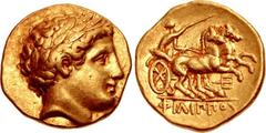 KINGS of MACEDON. temp. Philip II – Alexander III. Circa 340/36-328 BC. AV Stater (19mm, 8.55 g, 10h). In the types of Philip II. Pella mint. Head of Apollo right, wearing laurel wreath / Charioteer, 