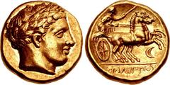 KINGS of MACEDON. temp. Philip II – Alexander III. Circa 340/36-328 BC. AV Stater (16mm, 8.57 g, 5h). In the name and types of Philip II. Amphipolis mint. Head of Apollo right, wearing laurel wreath /