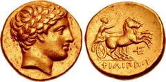 KINGS of MACEDON. temp. Philip III – Kassander. Circa 323/2-315 BC. AV Stater (18mm, 8.56 g, 8h). In the types of Philip II. Amphipolis mint(?). Laureate head of Apollo right / Charioteer, holding ken