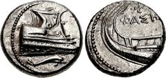 LYCIA, Phaselis. 4th century BC. AR Stater (21.5mm, 10.40 g, 9h). Prow of galley right, fighting platform decorated with coiled serpent right; below, dolphin right / Stern of galley left; swastika and