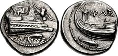 LYCIA, Phaselis. 4th century BC. AR Stater (22mm, 10.27 g, 1h). Prow of galley right, fighting platform decorated with Pegasos flying right; to right, owl flying upward left, wings displayed; below, d