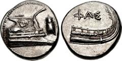 LYCIA, Phaselis. 4th century BC. AR Stater (21mm, 10.35 g, 5h). Prow of galley right, fighting platform decorated with facing gorgoneion; to right, cicada upward / Stern of galley right; ΦAΣ above. He