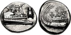 LYCIA, Phaselis. 4th century BC. AR Stater (21.5mm, 10.36 g, 10h). Prow of galley right, fighting platform decorated with facing gorgoneion; to right, cicada upward / Stern of galley left, with wreath
