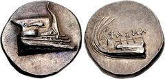 LYCIA, Phaselis. 4th century BC. AR Stater (21.5mm, 10.51 g, 6h). Prow of galley right, fighting platform decorated with dolphin right / Stern of galley left; ΦAΣHΛ above. Heipp-Tamer Series 6, unlist