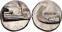 LYCIA, Phaselis. 4th century BC. AR Stater (22mm, 10.42 g, 12h). Prow of galley right; monogram to right / Stern of galley left; ΦAΣH above. Heipp-Tamer Series 6, unlisted variety; Triton XIX, lot 263