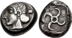 DYNASTS of LYCIA. Sppñtaza. Circa 450-430/20 BC. AR Stater (18.5mm, 9.72 g). Head of female left / Tetraskeles; SPPÑTAZA (in Lycian) around; all in pelleted square within incuse square. Falghera 136 (