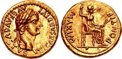Tiberius. AD 14-37. AV Aureus (18mm, 7.74 g, 4h). “Tribute Penny” type. Lugdunum (Lyon) mint. Group 6, AD 36-37. TI CAESAR DIVI ΛVG F ΛVGVSTVS, laureate head right; long, parallel ribbons / PONTIF MΛX