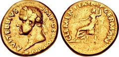 Vitellius. AD 69. AV Aureus (18.5mm, 7.49 g, 6h). Spanish mint (Tarraco?). Struck circa January-June. A • VITELLIVS IMP • GERMAN, laureate head left, globe at point of neck / CLEMENTIA • IMP • GERMAN,