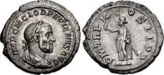 Pupienus. AD 238. AR Denarius (21mm, 2.99 g, 6h). Rome mint. 1st emission. Laureate, draped, and cuirassed bust right / Pupienus standing left, holding olive branch and parazonium. RIC IV 5; BMCRE 50;
