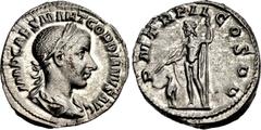 Gordian III. AD 238-244. AR Denarius (19mm, 2.72 g, 12h). Rome mint, 5th officina. Special emission, AD 239. IMP CAES M ANT GORDIANVS AVG, laureate, draped, and cuirassed bust right / P M TR P II COS 