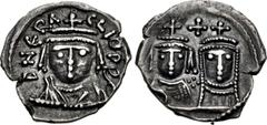 Heraclius, with Martina and Heraclius Constantine. 610-641. AR Half Siliqua (12mm, 0.63 g, 12h). Carthage mint. Struck 617-641. Crowned and cuirassed bust of Heraclius facing / Crowned and draped bust