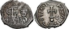 Constans II. 641-668. AR Hexagram (23mm, 4.91 g, 6h). Constantinople mint. Struck 654-659. Crowned and draped facing busts of Constans and Constantine; cross above / Cross potent set on globe set on t