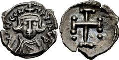 Constans II. 641-668. AR Half Siliqua (12mm, 0.52 g, 7h). Carthage mint. Struck 641-647. Crowned and draped bust facing, holding globus cruciger / Cross potent flanked by pellets. DOC 131; MIB 156; SB