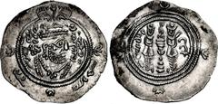 ISLAMIC, Umayyad Caliphate. Ibn al-Ash'ath. Rebel, AH 80-84 / AD 699-704. AR Drachm (31mm, 3.94 g, 4h). Arab-Sasanian type. SK (Sijistan) mint. Dated AH 82 (AD 701/2). Crowned Sasanian-style bust righ