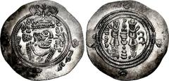 ISLAMIC, Umayyad Caliphate. Ibn al-Ash'ath. Rebel, AH 80-84 / AD 699-704. AR Drachm (32mm, 3.85 g, 10h). Arab-Sasanian type. SK (Sijistan) mint. Dated AH 83 (AD 702/3). Crowned Sasanian-style bust rig