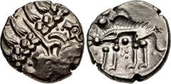 CELTIC, Iceni. Uninscribed. Circa 65-1 BC. AV Stater (19mm, 5.75 g, 7h). Norfolk Wolf (Icenian A). Devolved head of Apollo right / Wolf standing left; pellets and crescent above, pellet and trefoil of
