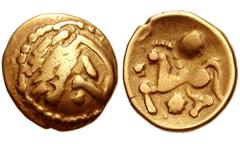 CELTIC, Gaul. Bellovaci. Circa 58-27 BC. AV Quarter Stater (1.50 gm). Estimate $600 CELTIC, Gaul. Bellovaci. Circa 58-27 BC. AV Quarter Stater (1.50 gm). Highly stylized head right with large eye / Ho
