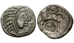 CELTIC, Britain. Atrebates. Commios? Circa 50-40 BC. AR Unit (1.03 gm). Old Basing Type. Estimate $500 CELTIC, Britain. Atrebates. Commios? Circa 50-40 BC. AR Unit (1.03 gm). Old Basing Type. Head rig