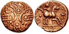 CELTIC, Britain. Catuvellauni. Tasciovanos. Circa 20 BC-10 AD. AV Stater (5.39 gm). Celtic Warrior Type. Estimate $2000 CELTIC, Britain. Catuvellauni. Tasciovanos. Circa 20 BC-10 AD. AV Stater (5.39 g