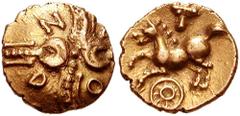 CELTIC, Britain. Catuvellauni. Andoco. Circa 10 BC-10 AD. AV Quarter Stater (1.36 gm). Crescent Wreath Type. Estimate $600 CELTIC, Britain. Catuvellauni. Andoco. Circa 10 BC-10 AD. AV Quarter Stater (