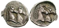 CALABRIA, Tarentum. Circa 466-420 BC. AR Diobol (1.01 gm). Estimate $500 CALABRIA, Tarentum. Circa 466-420 BC. AR Diobol (1.01 gm). Two horse heads right / Two horse heads right; trident below. Vlasto