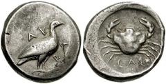 SICILY, Akragas. Circa 480 BC. AR Didrachm (8.51 gm). Estimate $750 SICILY, Akragas. Circa 480 BC. AR Didrachm (8.51 gm). Eagle standing right / Crab; CAS below. Jenkins, Gela, Group IV; SNG ANS 960 (