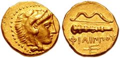 KINGS of MACEDON. Philip II. 359-336 BC. AV Quarter Stater (2.15 gm). Pella mint. Struck circa 340-328 BC. Estimate $1500  KINGS of MACEDON. Philip II. 359-336 BC. AV Quarter Stater (2.15 gm). Pella m