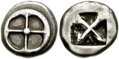 ATTICA, Athens. Circa 545-510 BC. AR Didrachm (8.38 gm). "Wappenmünzen." Estimate $10000  ATTICA, Athens. Circa 545-510 BC. AR Didrachm (8.38 gm). "Wappenmünzen." Four-spoked wheel / Incuse square, di