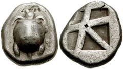 ISLANDS off ATTICA. Aegina. Circa 480-457 BC. AR Stater (12.10 gm). Estimate $400  ISLANDS off ATTICA. Aegina. Circa 480-457 BC. AR Stater (12.10 gm). T-back turtle, head seen in profile / Large skew 