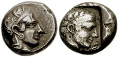 DYNASTS of LYCIA. Xanthos. Circa 450-420 BC. AR Stater (8.45 gm). Estimate $400 DYNASTS of LYCIA. Xanthos. Circa 450-420 BC. AR Stater (8.45 gm). Head of Athena right, wearing crested Attic helmet / L