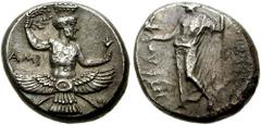 CILICIA, Issos. Tiribazos, Satrap of Lydia. 386-380 BC. AR Stater (10.61 gm). Estimate $750 CILICIA, Issos. Tiribazos, Satrap of Lydia. 386-380 BC. AR Stater (10.61 gm). Ahura-Mazda, body terminated b