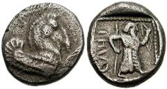 CILICIA, Tarsos. Circa 425-400 BC. AR Triobol (2.61 gm). Estimate $500 CILICIA, Tarsos. Circa 425-400 BC. AR Triobol (2.61 gm). Forepart of hippocamp right / Persian King advancing right, holding spea