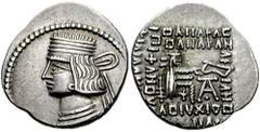 KINGS of PARTHIA. Pakoros II. 78-105 AD. AR Drachm (3.62 gm). Ekbatana mint. Estimate $150 KINGS of PARTHIA. Pakoros II. 78-105 AD. AR Drachm (3.62 gm). Ekbatana mint. Diademed bust left, beardless, e