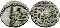KINGS of PARTHIA. Vologases III. 105-147 AD. AR Drachm (3.75 gm). Ekbatana mint. Estimate $150 KINGS of PARTHIA. Vologases III. 105-147 AD. AR Drachm (3.75 gm). Ekbatana mint. Diademed bust left, long