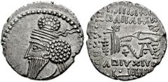 KINGS of PARTHIA. Osroes I. 109-129 AD. AR Drachm (3.64 gm). Ekbatana mint. Estimate $500 KINGS of PARTHIA. Osroes I. 109-129 AD. AR Drachm (3.64 gm). Ekbatana mint. Diademed bust left, long pointed b