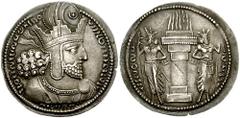 SASANIAN KINGS of PERSIA. Shahpur I. 241-272 AD. AR Drachm (4.23 gm). Estimate $200  SASANIAN KINGS of PERSIA. Shahpur I. 241-272 AD. AR Drachm (4.23 gm). Crowned and cuirassed bust right; star-in-cre