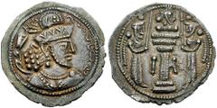 SASANIAN KINGS of PERSIA. Shahpur III. 383-388 AD. AR Drachm (3.79 gm). Estimate $150  SASANIAN KINGS of PERSIA. Shahpur III. 383-388 AD. AR Drachm (3.79 gm). Crowned and cuirassed bust right / Fire a