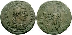 CILICIA, Tarsus. Macrinus. 217-218 AD. Æ 33mm (18.27 gm). Estimate $300 CILICIA, Tarsus. Macrinus. 217-218 AD. Æ 33mm (18.27 gm). Laureate, draped, and cuirassed bust right / Apollo standing left, hol