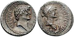 MARK ANTONY and CLEOPATRA. 34 BC. AR Denarius (3.84 gm). Alexandria mint. Estimate $5000  MARK ANTONY and CLEOPATRA. 34 BC. AR Denarius (3.84 gm). Alexandria mint. Bare head of Antony right; Armenian 