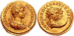 CARACALLA, with SEPTIMIUS SEVERUS and JULIA DOMNA. 198-217 AD. AV Aureus (7.38 gm). Struck 201 AD. Estimate $20000  CARACALLA, with SEPTIMIUS SEVERUS and JULIA DOMNA. 198-217 AD. AV Aureus (7.38 gm). 