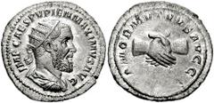 PUPIENUS. 238 AD. AR Antoninianus (3.20 gm). Estimate $500 PUPIENUS. 238 AD. AR Antoninianus (3.20 gm). Radiate, draped, and cuirassed bust right, seen from behind / Clasped hands. RIC IV 9b; BMCRE 83