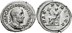 PUPIENUS. 238 AD. AR Denarius (3.04 gm). Estimate $500 PUPIENUS. 238 AD. AR Denarius (3.04 gm). Laureate, draped, and cuirassed bust right, seen from behind / Pax seated left, holding branch and scept