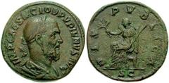 PUPIENUS. 238 AD. Æ Sestertius (24.74 gm). Estimate $500 PUPIENUS. 238 AD. Æ Sestertius (24.74 gm). IMP CAES M CLOD PVPIENVS AVG, laureate, draped, and cuirassed bust right, seen from behind / Pax sea