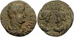 CILICIA, Seleucia. Valerian I. 253-260 AD. Æ 32mm (12.11 gm). Laureate, draped, and cuirassed bust right / Confronted busts of Apollo and Artemis-Tyche, cornucopiae behind her; branch between. SNG Lev