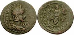CILICIA, Tarsus. Tranquillina, wife of Gordian III. Augusta, 241-244 AD. Æ 33mm (19.40 gm). Diademed and draped bust right on crescent / Dionysos standing, facing left, holding thrysos and kantharos o