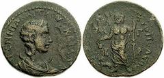 CILICIA, Tarsus. Herennia Etruscilla, wife of Trajan Decius. Augusta, 249-251 AD. Æ 28mm (13.32 gm). Diademed and draped bust right, set on crescent / Dionysos standing, facing left, holding thrysos a